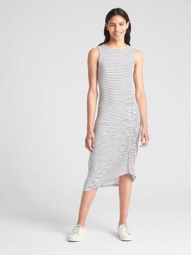 Gap Blue Stripe Sleeveless Crewneck Asymmetrical Ruched Midi Dress Size - Large