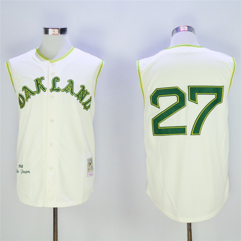 Athletics 27 Catfish Hunter Cream 1968 Throwback Baseball Jersey