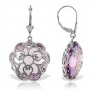 14K Solid White Gold Leverback Earrings with Checkerboard Cut Round Amethysts