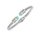 Womens 18k Yellow Gold and Sterling Silver Italian Cable Bangle with Blue Topaz