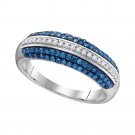 10k White Gold Womens Round Blue Color Enhanced Diamond Striped Band Ring 1/2