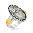 18k Yellow Gold & Sterling Silver Oval Rutilated Quartz Fleur De Lis Ring