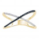 10k Yellow Gold Womens Round Black Color Enhanced Diamond Crossover Band Ring
