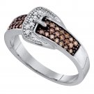 10k White Gold Round Brown Color Enhanced Diamond Belt Buckle Band Ring 1/4