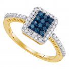 Ladies Elegant Blue Diamond Rectangle Cluster RING Comfort Band 10k Yellow Gold