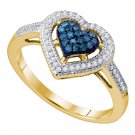 10k Yellow Gold Womens Round Blue Color Enhanced Diamond Framed Heart Ring 1/4