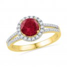 1.60 CT Carat 10k Yellow Gold Round Lab-Created RUBY Solitaire Diamond Halo RING
