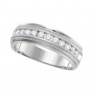 14k White Gold Mens Round Channel-set Diamond Milgrain Edge Wedding Band Ring