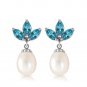 9.5 CTW 14K Solid White Gold Dangling Earrings pearl Blue Topaz