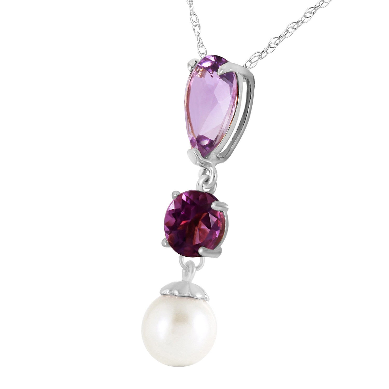 5.25 CTW 14K Solid White Gold Necklace Purple Amethyst pearl