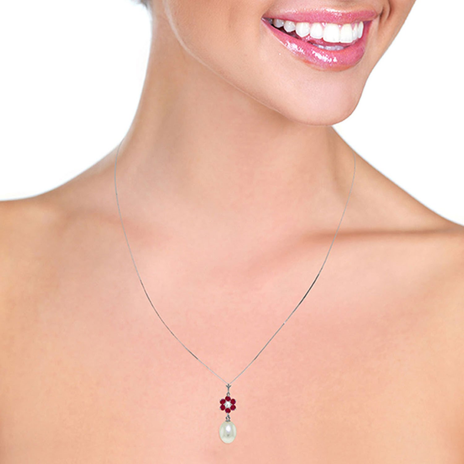 4.53 Carat 14K Solid White Gold Necklace Natural pearl, Ruby Diamond