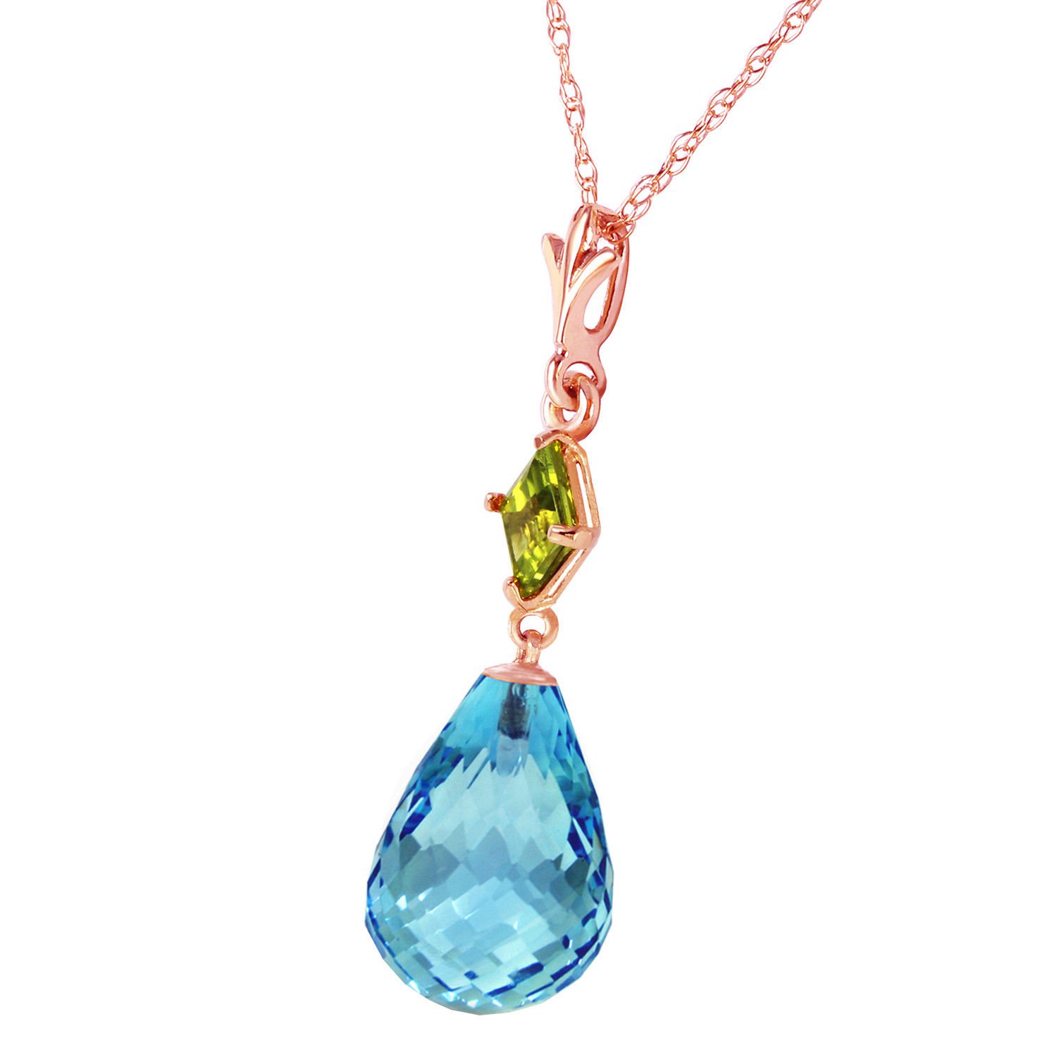 14K Solid Rose Gold Necklace with Peridot & Blue Topaz Womens Elegant Jewelry