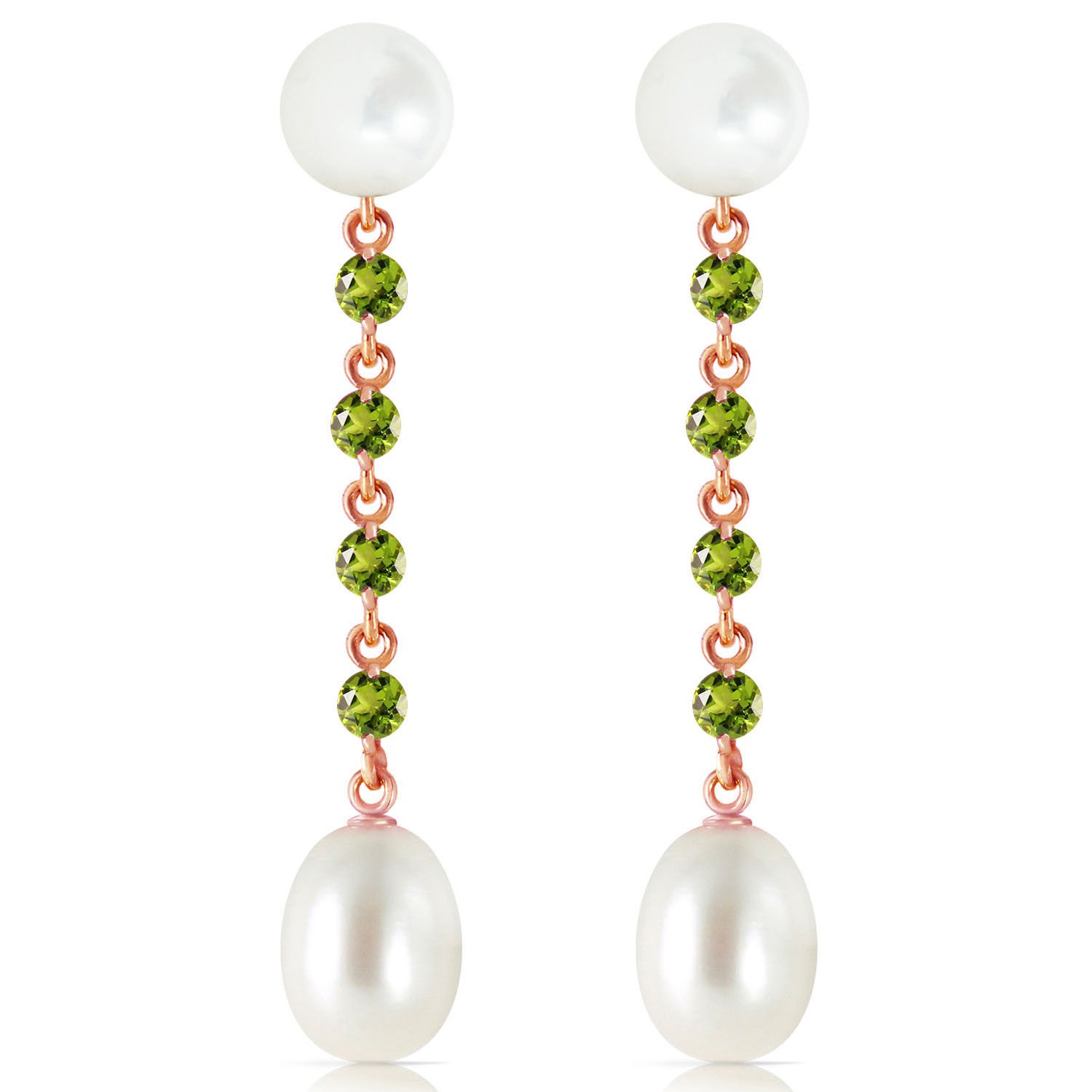14K Solid Rose Gold Chandelier Earrings with Peridots & pearls