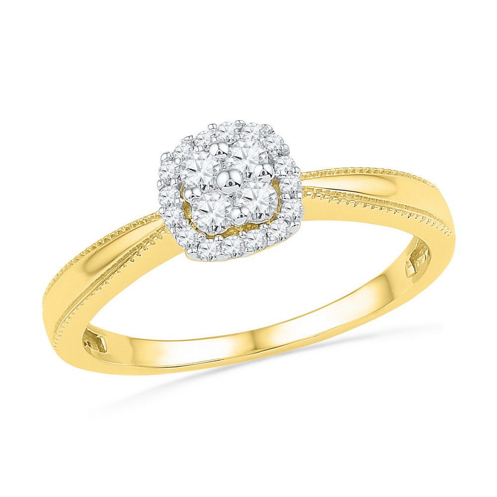 10k Yellow Gold Women's Stunning Round Diamond Square Halo Cluster Ring ...