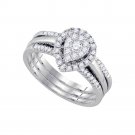 14k White Gold Round Diamond Teardrop 3-Piece Bridal Wedding Engagement Ring Set
