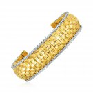 Womens Cuff Bangle with Basket Weave Texture in Solid 14k Yellow and White Gold