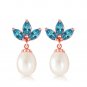 14K Solid Rose Gold Dangling Earrings with pearls & Blue Topaz