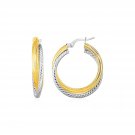 Ladies Charming Original Textured Shiny Hoop Earrings 14k Yellow & White Gold