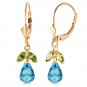 3.4 Carat 14K Solid Gold Leverback Earrings Blue Topaz Peridot