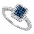 10k White Gold Womens Round Blue Color Enhanced Diamond Rectangle Cluster Ring