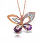14K Solid Rose Gold Batterfly Necklace with Natural Diamonds & Amethysts