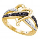 10k Yellow Gold Womens Round Black Color Enhanced Diamond Striped Heart Ring 1/3