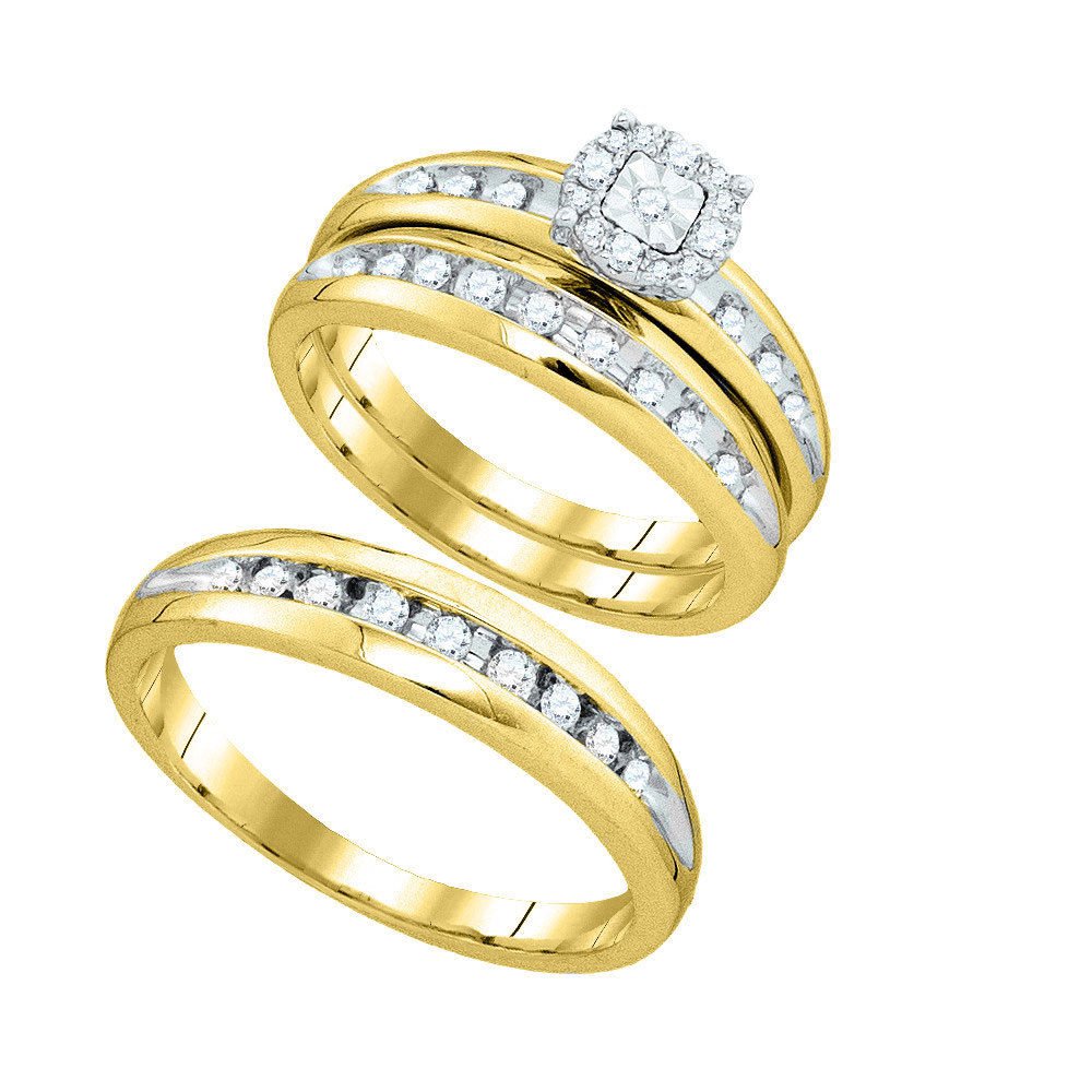 1k Yellow Gold Round Diamond Matching Mens Womens Bridal Wedding Ring ...