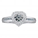 14k White Gold Round Blue Color Enhanced Diamond Heart Cluster Fashion Ring 1/4
