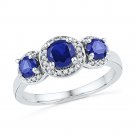 10k White Gold Round Lab-Created Blue Sapphire 3-stone Diamond Ring 1-3/8