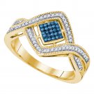 10k Yellow Gold Round Blue Color Enhanced Diamond Square Twist Cluster Ring