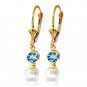 5.2 Carat 14K Solid Gold Leverback Earrings pearl Blue Topaz Natural Gemstone