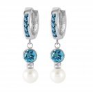 4.3 Carat 14K Solid White Gold Huggie Earrings pearl Blue Topaz Cute Fashion