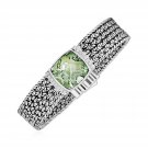 Wide Woven Bracelet with Green Amethyst and White Sapphires in Sterling Silver