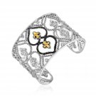 18k Yellow Gold & Sterling Silver Open Style Cuff Bangle Bracelet Black Diamonds
