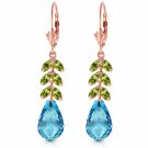 14K Solid Rose Gold Women's Beautiful Leverback Earrings w/ Peridot & Blue Topaz