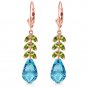 14K Solid Rose Gold Women's Beautiful Leverback Earrings w/ Peridot & Blue Topaz