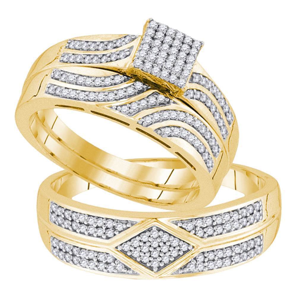 10k Yellow Gold His Hers Diamond Square Cluster Matching Bridal Wedding Ring Set 7320