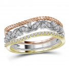10kt Tri-Tone Gold Round Diamond Stackable Rope Floral Band Ring 3-Piece Set