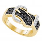 10k Yellow Gold Womens Round Black Color Enhanced Diamond Belt Buckle Band Ring