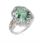 18k Yellow Gold and Sterling Silver Decorative Green Amethyst Ring (.03 cttw)