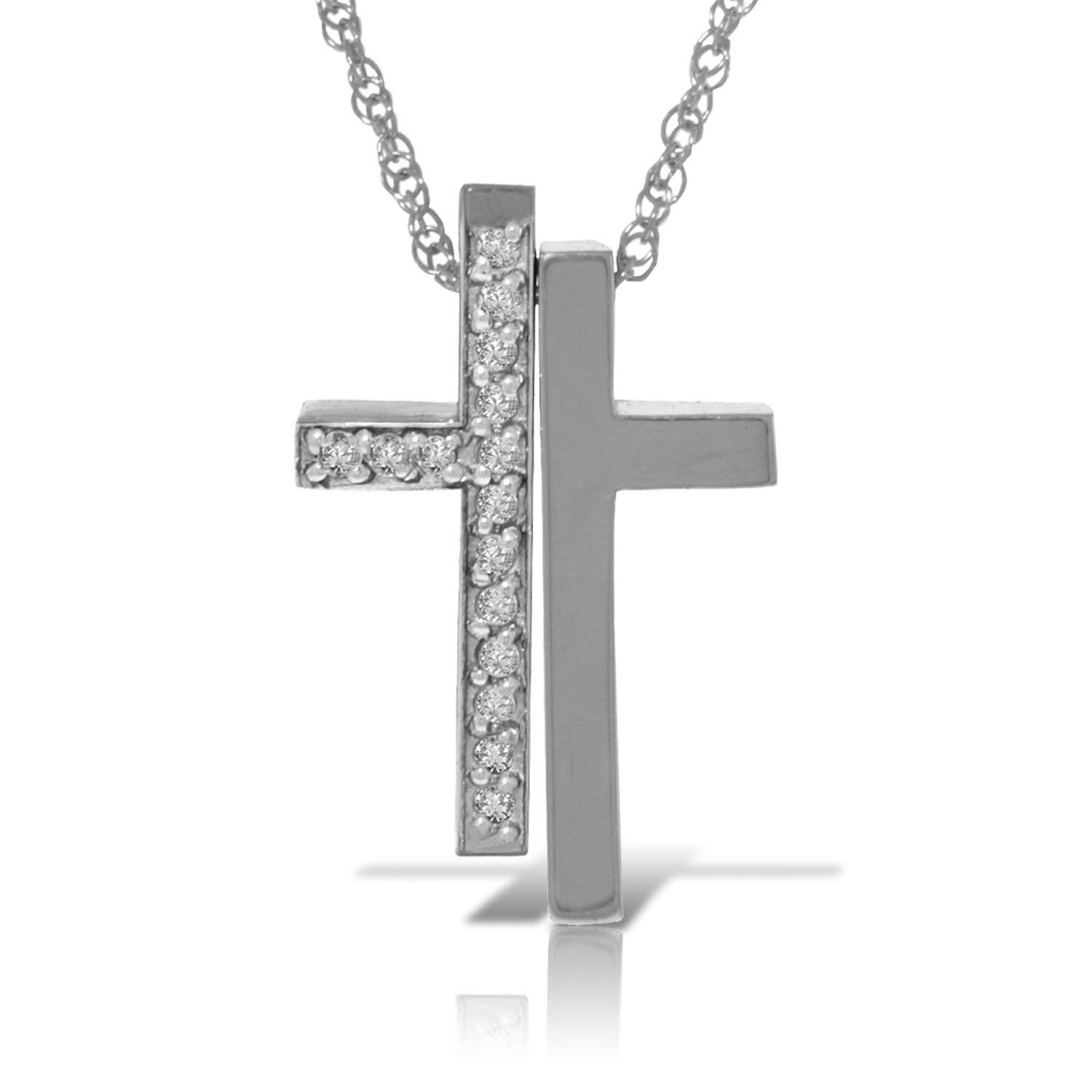 14k Solid White Gold Split Cross Necklace With Natural