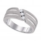 10k White Gold Mens Round 3-Stone Diamond Textured Groove Wedding Band 1/4 Cttw