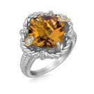 18k Yellow Gold and Sterling Silver Cushion Whisky Quartz and Diamond Ring