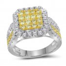 14kt White Gold Womens Round Canary Yellow Diamond Square Cluster Ring