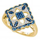 10k Yellow Gold Womens Round Blue Color Enhanced Diamond Square Cluster Ring 1/4