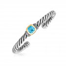 Real 18k Yellow Gold and Sterling Silver Blue Topaz Open Cable Style Cuff Bangle