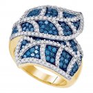 10k Yellow Gold Blue Color Enhanced Diamond Leaf Flower Stripe Fashion Ring