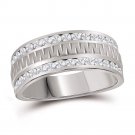 14k White Gold Mens Round Channel-set Diamond Textured Double Row Wedding Band