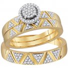10k Yellow Gold Diamond Cluster His Hers Matching Trio Wedding Ring Band Set 1/3