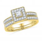 10k Yellow Gold Round Diamond Square Halo Bridal Wedding Engagement Ring Set